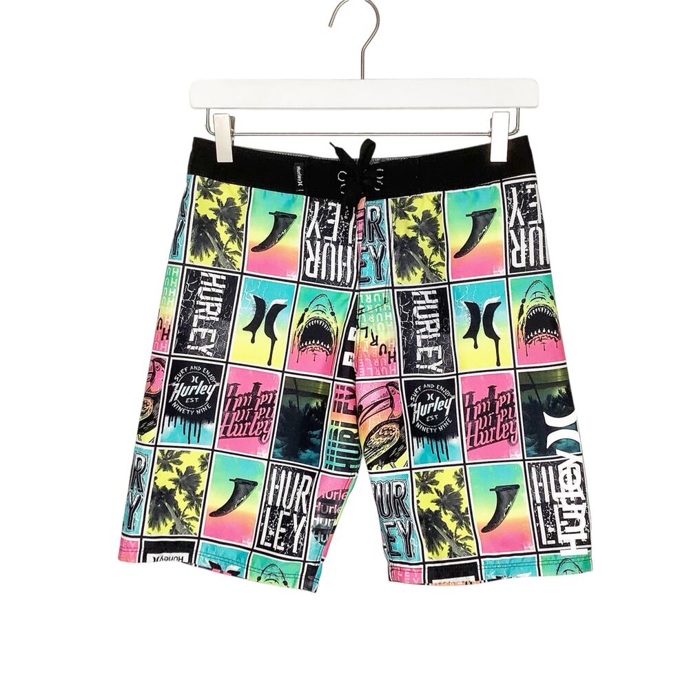 Hurley Multicolor Neon Black Swim Trunks Board Shorts Pocket Waist Tie 14 / 27